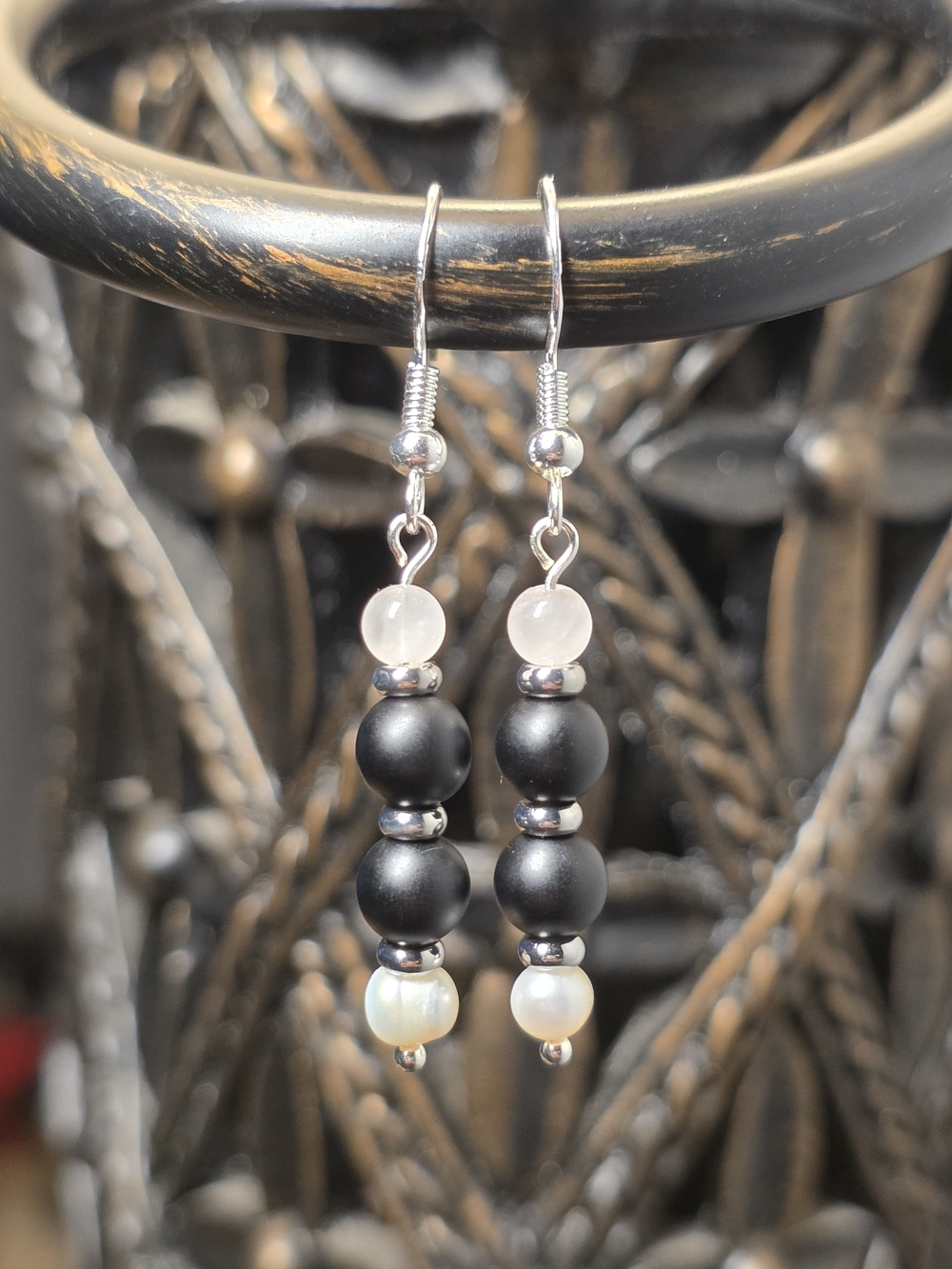 Natural Freshwater Pearl, Matte Onyx, Pink Quartz Sterling Silver Earrings